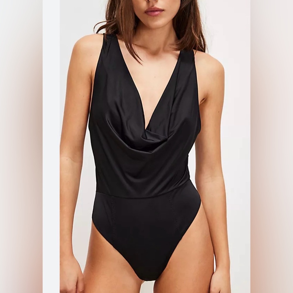 Free People bodysuit w/ draped cowl neck, thong bottom, stretchy hip line. L NWT